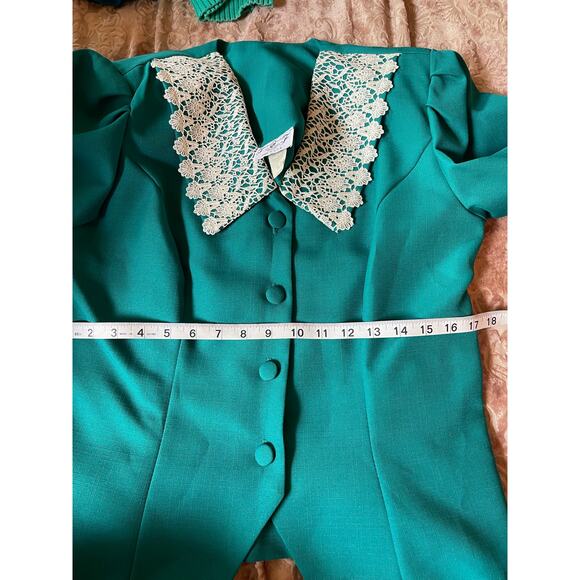 Vintage 80s Teal Two Piece Set Lace Collar Blouse & Skirt Size Medium - Picture 8 of 9